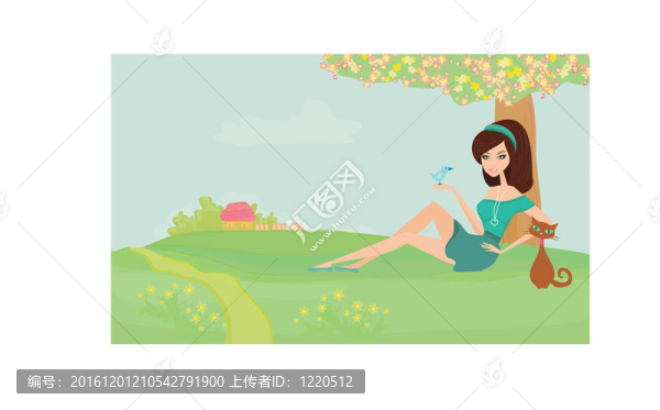 女孩和她的貓在花園里