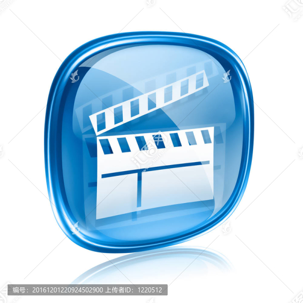 電影場記板圖標(biāo)藍(lán)色玻璃；孤立在白色背景。