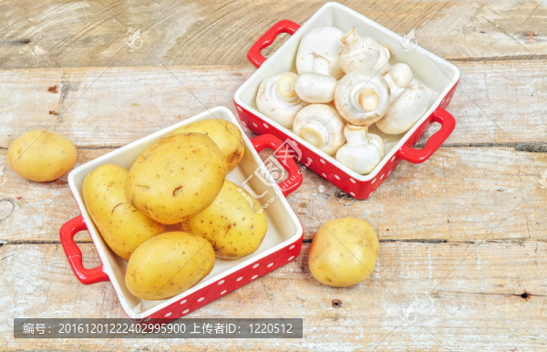 生蘑菇和土豆在紅盤子里