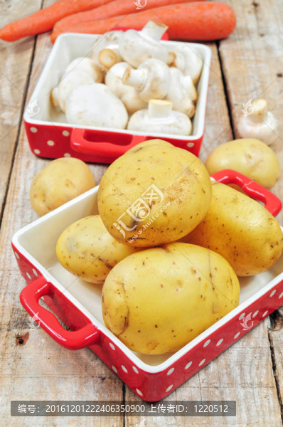 生蘑菇和土豆在紅盤子里