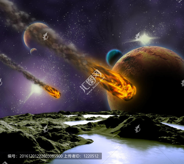 宇宙中小行星的攻擊。流星撞擊的抽象說明。