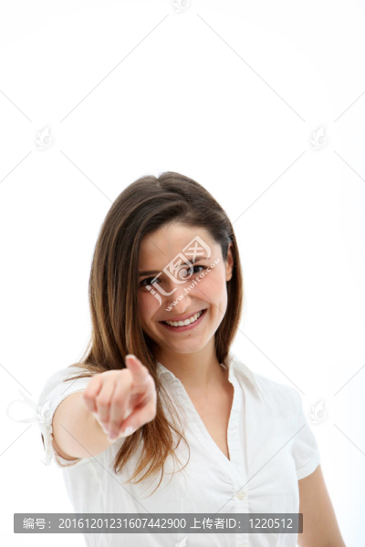 幸福的女人指著Camera