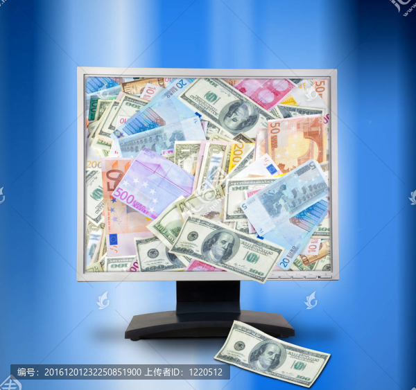 網(wǎng)絡(luò)貨幣概念。帶錢的電腦監(jiān)控。在線電子商務(wù)。在藍(lán)色背景。