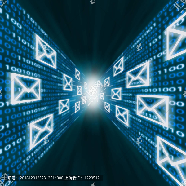 沿二進(jìn)制代碼墻飛行的電子郵件圖標(biāo)