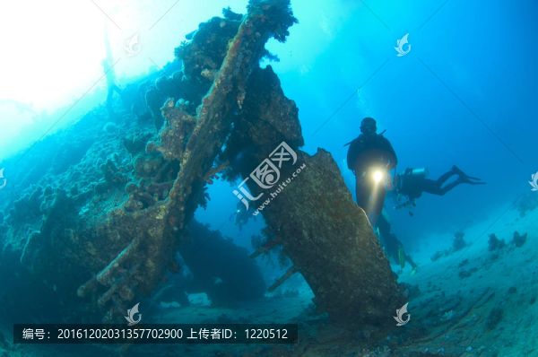 潛水員們?cè)谔剿饕粋€(gè)大的沉船