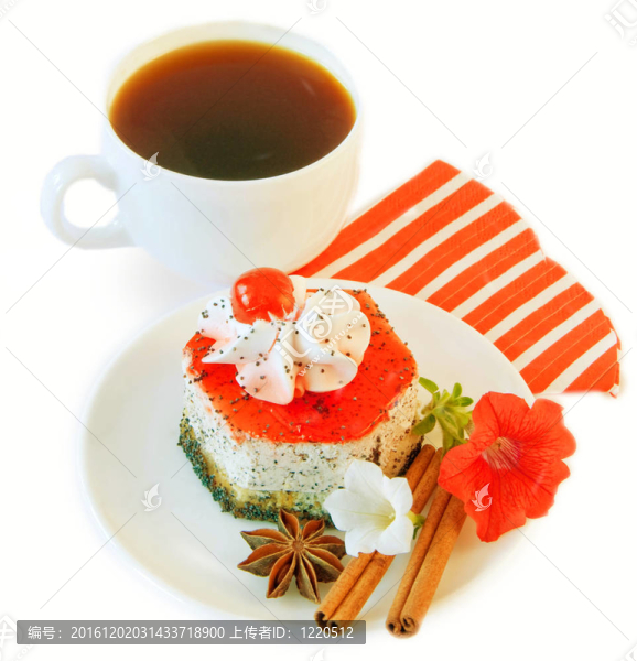 一杯咖啡和美味的蛋糕在白色背景