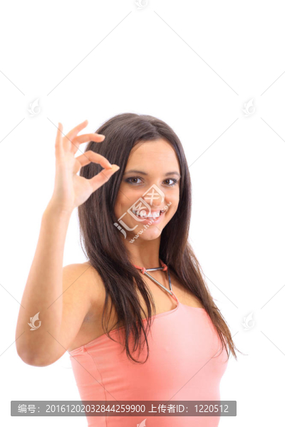 一個(gè)可愛(ài)的女性肖像顯示一個(gè)確定的標(biāo)志孤立在白色背景