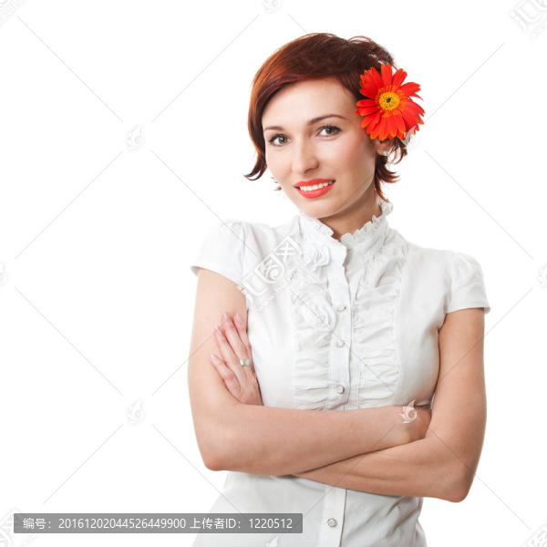 美麗的女人花非洲菊在她手中對白色背景