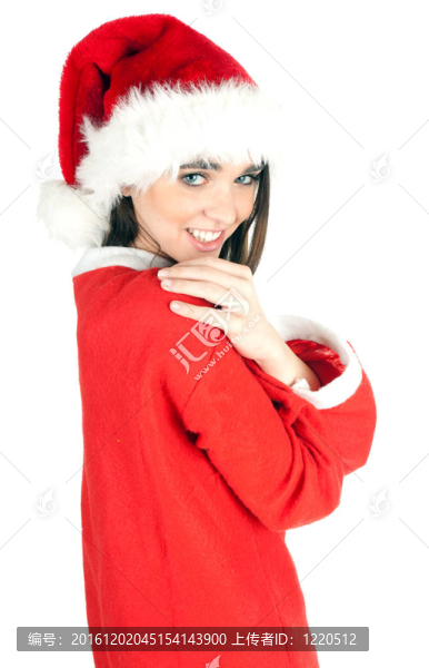 微笑的年輕女子穿著紅色的Santa衣服和帽子
