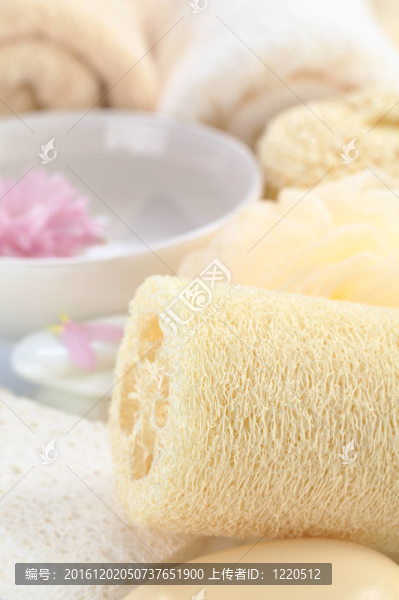 溫泉生活與海綿；肥皂；花和毛巾（選擇性的重點(diǎn)；側(cè)重于左前部分的管像天然海綿）