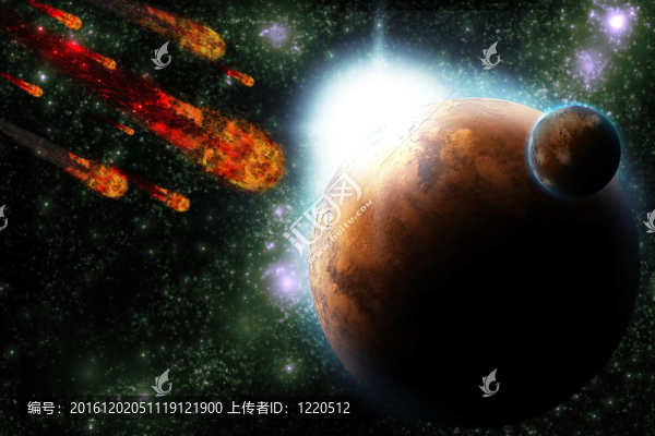 在星空背景的小行星與地球的星球。流星撞擊。