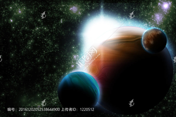 抽象行星與太陽耀斑在深空-明星星云對黑色背景
