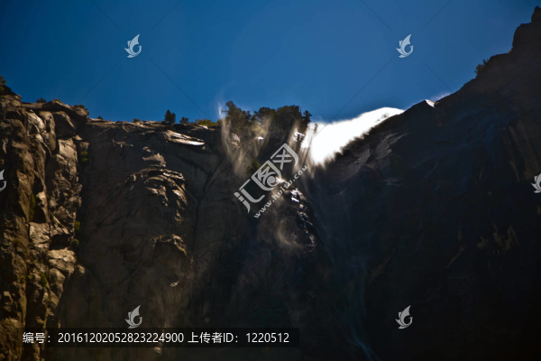 瀑布新娘面紗在優(yōu)勝美地國家公園與水在背光照明