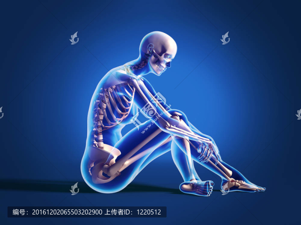 坐在地板上的婦女；骨骼。