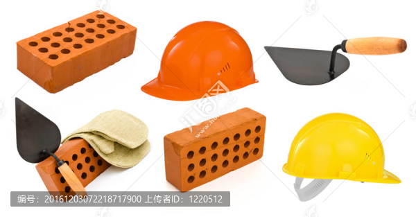陶瓷磚；鏝刀；安全帽和手套套白色隔離