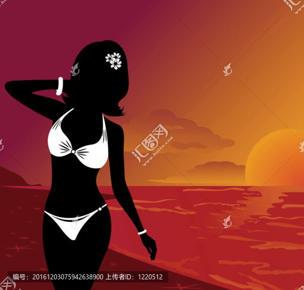 海灘上夕陽美麗女孩剪影