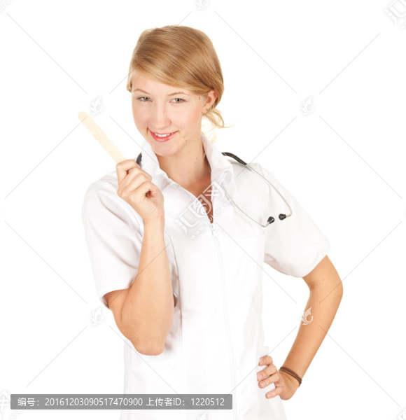 一個美麗的女性醫(yī)療保健醫(yī)生穿白色的制服和聽診器和溫度計