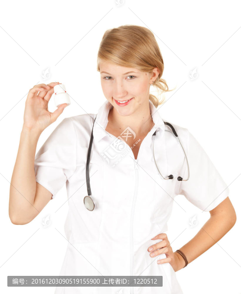 一個(gè)美麗的女性醫(yī)療保健醫(yī)生穿白色的制服和聽(tīng)診器與藥物