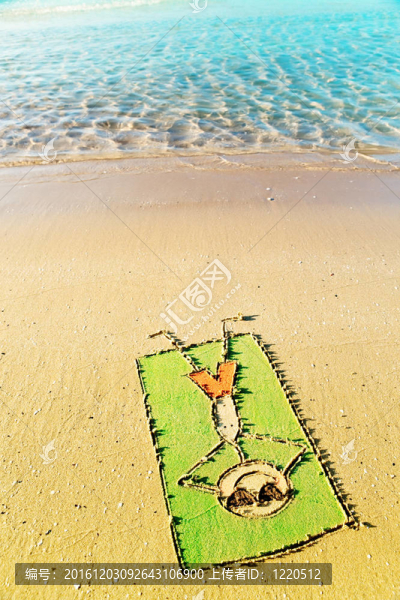 有趣的陽光概念-有趣的卡通放在毛巾和太陽浴在熱帶海灘