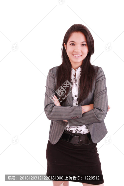微笑的商業(yè)女性；在白色背景下孤立