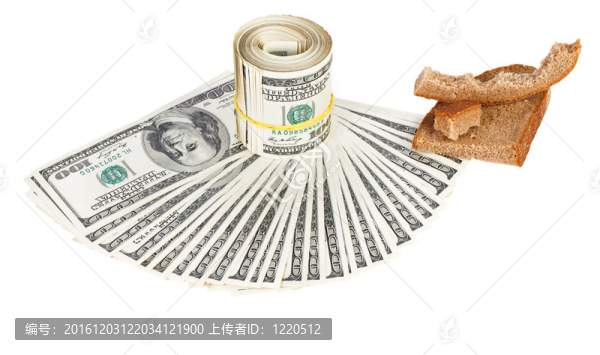 經濟危機的美國美元貨幣概念面包與白面包殼