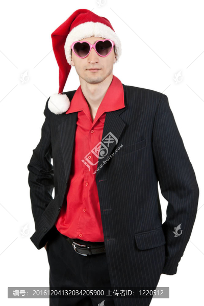 商人在Santa戴帽子和太陽鏡