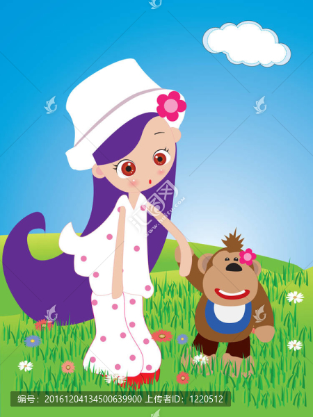 小女孩和猴子在公園散步