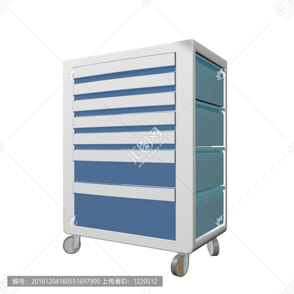 藍(lán)色和灰色帶輪子的金屬醫(yī)療器械柜；3d圖解