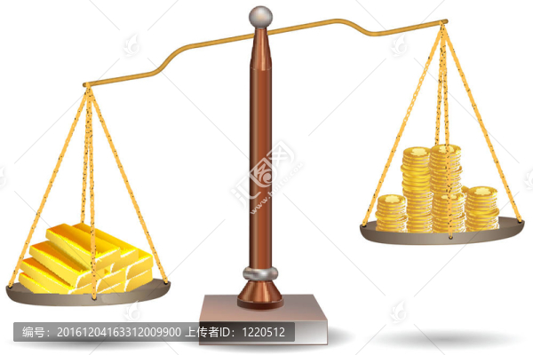 美元硬幣和金條的橫梁平衡