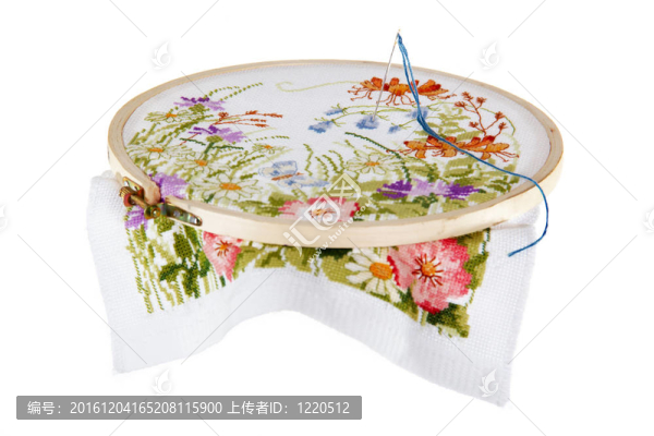 對(duì)一種顏色的圖像畫面的刺繡手工；與彩色絲綢線程應(yīng)用；在白色背景。