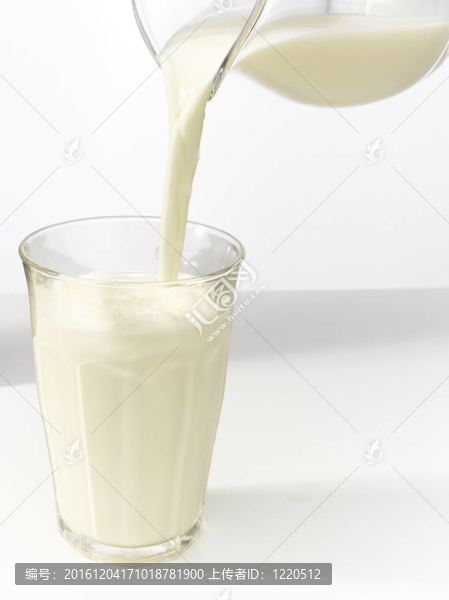 在玻璃杯里倒牛奶。