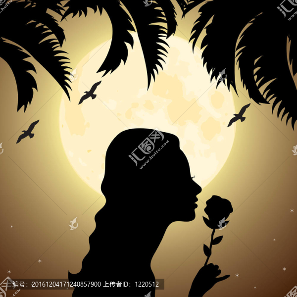 棕櫚樹下有花的女孩剪影