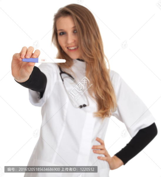 年輕的女醫(yī)生用聽診器持積極的妊娠試驗(yàn)