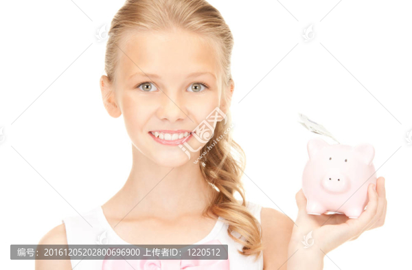 可愛的少女與存錢罐和錢