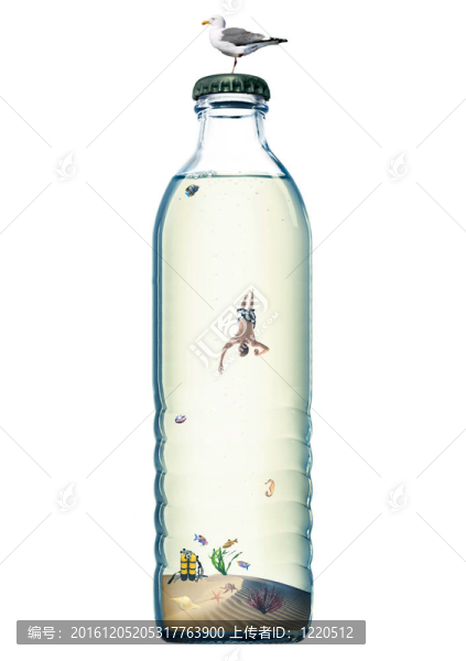 抽象的瓶子里的海洋。潛水的概念。白色隔離。