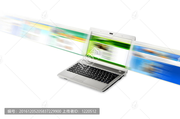 快速的網(wǎng)絡(luò)連接的說明與網(wǎng)站閃爍在高速移動(dòng)筆記本電腦的屏幕上。白色分離。