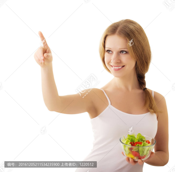 美麗的女孩與素食沙拉的白色背景