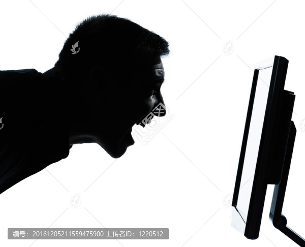一位白人商人在白色背景的工作室中用電腦屏幕顯示肖像，面對(duì)幸福的尖叫剪影
