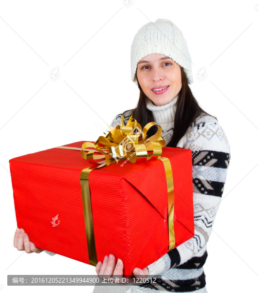 年輕快樂的女孩與大紅色禮品盒白色隔離。