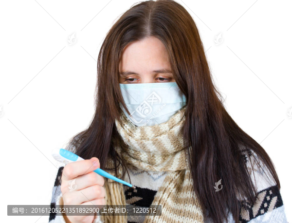 在溫度計(jì)的孤立在白色背景的面具的女人