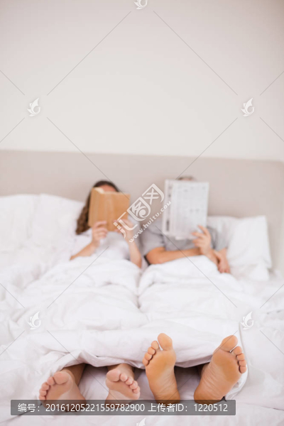 女人讀一本書，而她的同伴閱讀報紙的肖像在他們的臥室里