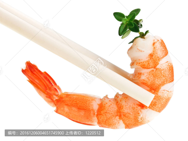 熟的虎蝦百里香嫩枝在筷子