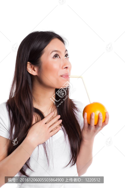 亞洲女人喝橙汁