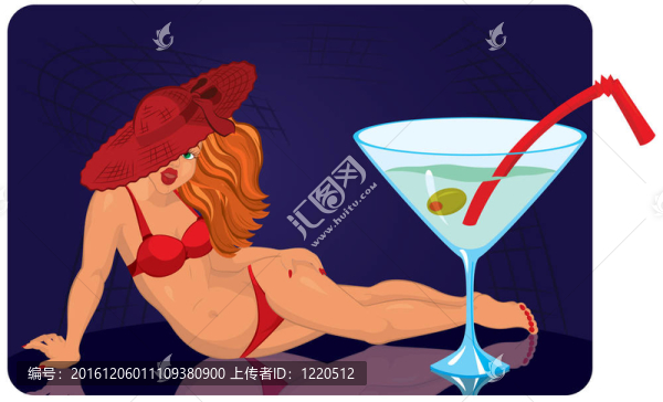 戴紅帽的年輕女子躺在巨型雞尾酒旁
