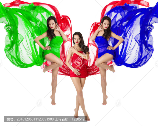 三紅的女子舞蹈；綠色；藍色飛行服