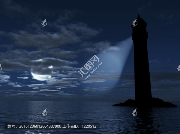 燈塔在一個島嶼上，在黑暗的距離上，在一個背景的海洋，月亮和云彩