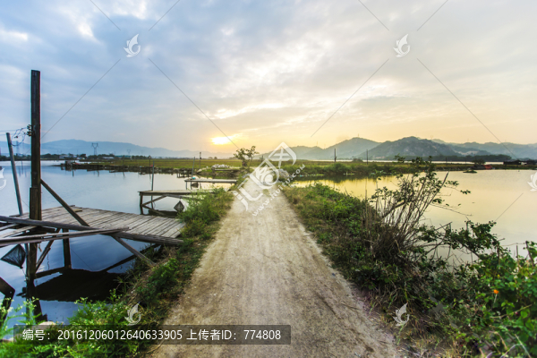 湖泊,釣魚臺,田野,遠山
