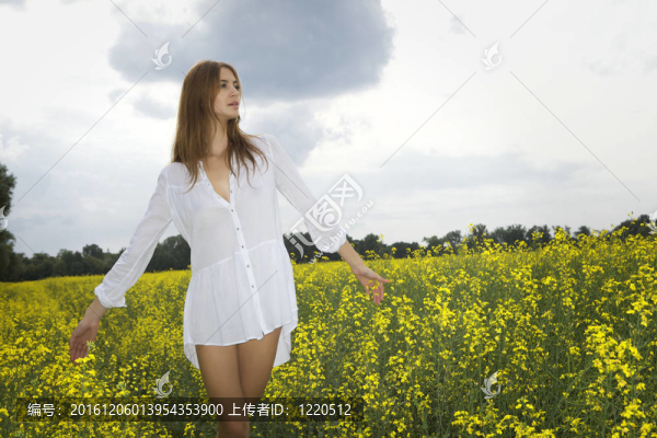 黑發(fā)女人在黃色的花田
