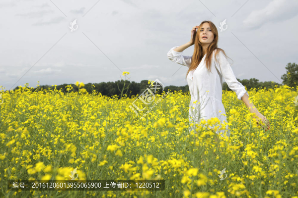 黑發(fā)女人在黃色的花田