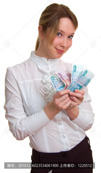年輕的微笑女孩手里拿著錢